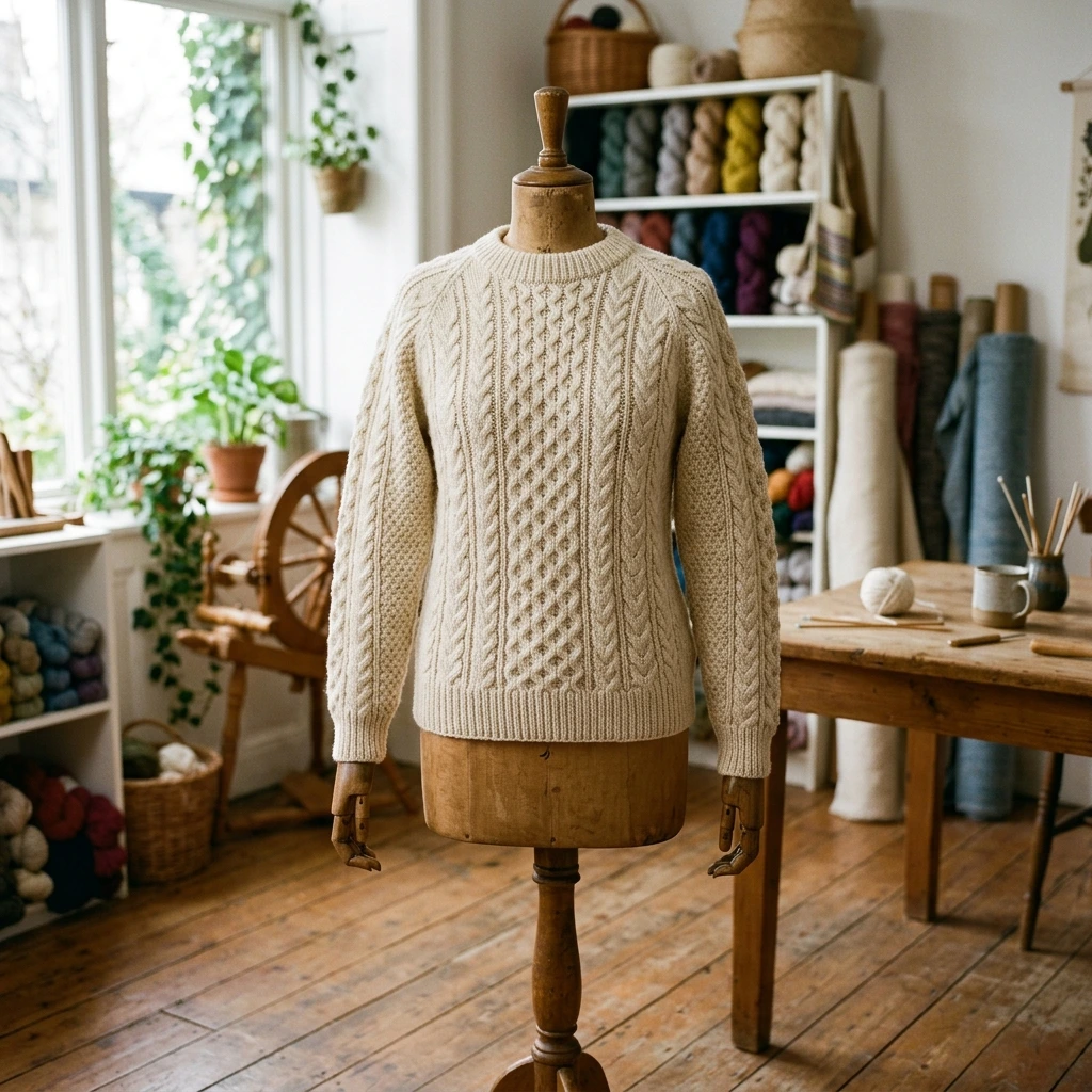 Seamless hand-knitted woolen sweater in studio