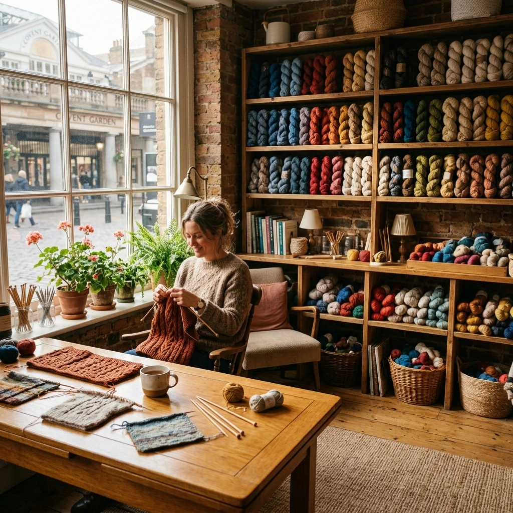 Cozy London Knitting Workshop Studio setup with colorful merino wool yarn skeins